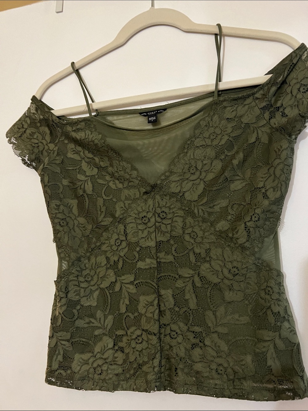 Guess Olive Green Lace Off-Shoulder Top